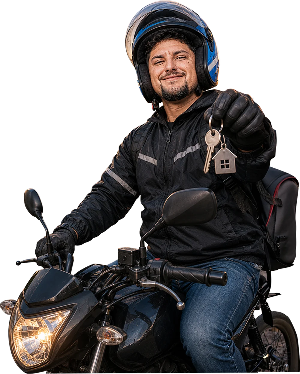 Entregador na moto com a chave da casa própria